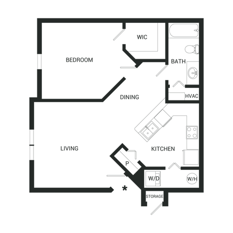 Floor plan for 1 bed, 1 bath, 687 sqft